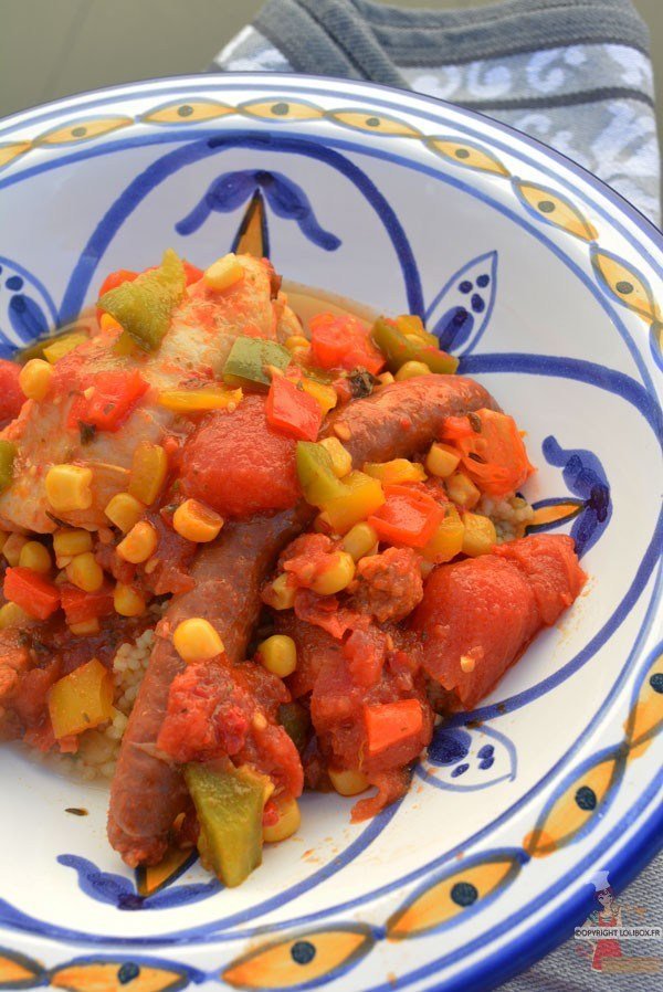 Poêlée de poulet-merguez aux poivrons et tomates